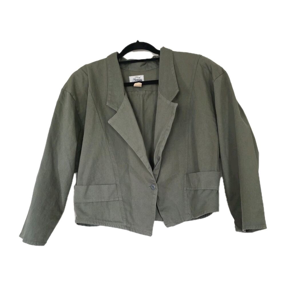 Vtg Army Green Military Jacket Womens L Boho Olive Canvas Cropped Pockets USA
